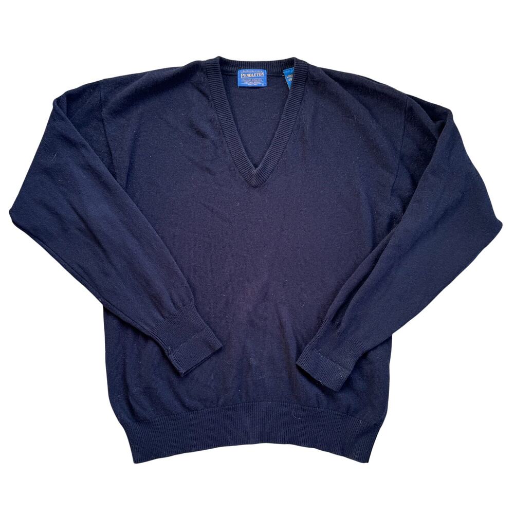 Vtg Pendleton 100% Lambswool Navy Vneck Sweater Size Large